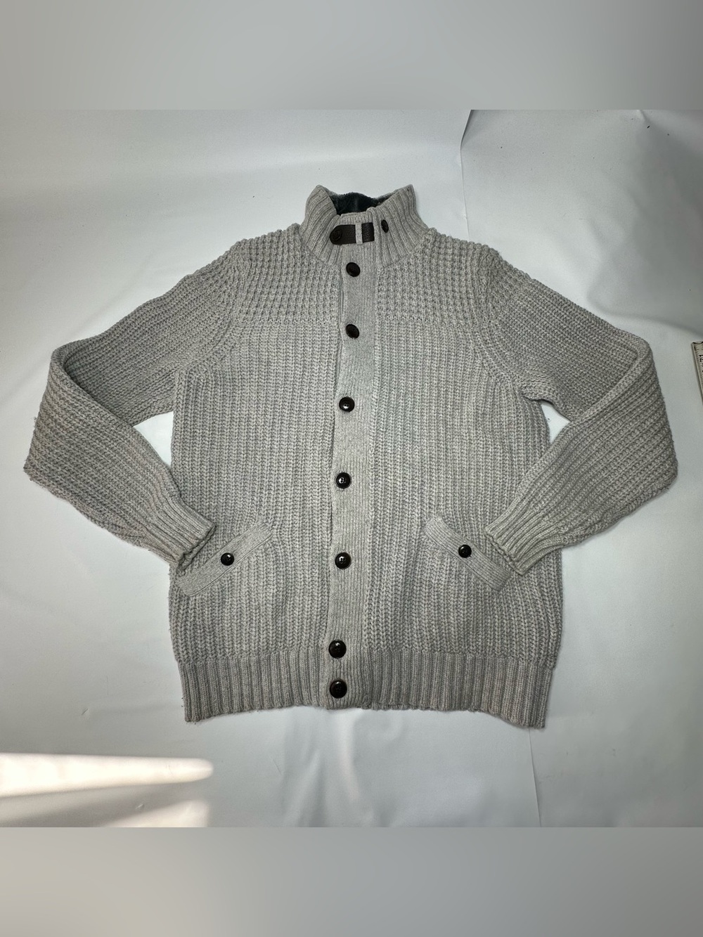 Ted Baker Gray KnitLined Cardigan Sweater  Button-Front Plaid Faux Fur Lined